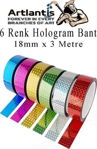 Renkli Hologram Bant 6 Renk 1 Paket 18mm x 3 Metre Yaldızlı Metalik Desenli Fosforlu Hologram Bant Hobi Tasarım