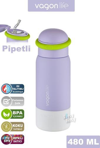 Vagonlife 480 ML Çocuk Pipetli Paslanmaz Çelik Termos/Su Matarası-FFVGN1006-480ML