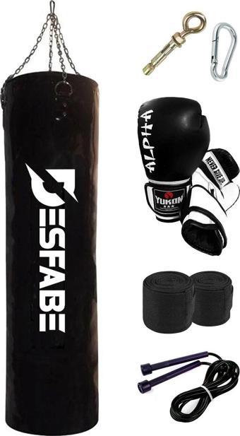 Desfabe Boxing Star 120X32 Cm Zincirli Boks Kum Torbası Siyah Eldiven Bandaj Ip Aparat