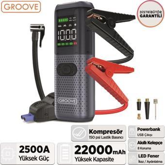 GROOVE HCB002 22000mAh 2500A Akü Takviye Cihazı + Lastik Şişirme Kompresörlü Jump Starter Powerbank+Led Lamba+LCD Ekran