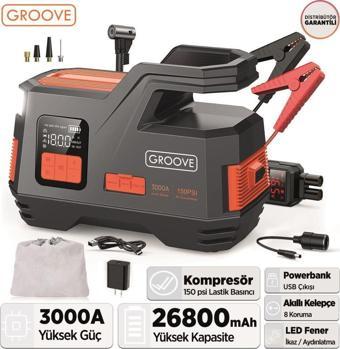 GROOVE JS006 26800mAh 3000A Akü Takviye Cihazı + Lastik Şişirme Kompresörlü Jump Starter (Powerbank+Led Lamba+LCD Ekran)