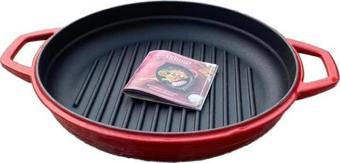 HOSSE 28 cm Yuvarlak Demir Döküm Grill Tava Çift Kulplu Kırmızı