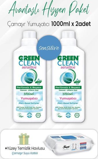 Green Clean Sensitive Yumuşatıcı 1 lt x 2 Adet ve Çamaşır Sulu Temizlik Havlusu 100' lü