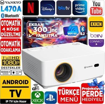 Vankyo Leisure L470A Android TV 1080P Destekli Projeksiyon Cihazı +Auto Focus+Auto Keystone+6G WiFi+5.2 Bluetooth Beyaz