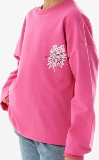 Kız Çocuk Önü Arkası Here Yazı Desenli Pembe Renk Sweatshirt