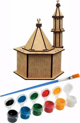 Cami Boyama Seti Ahşap 1 Paket Mdf Cami Maketi Akrilik Boya ve Resim Fırçası