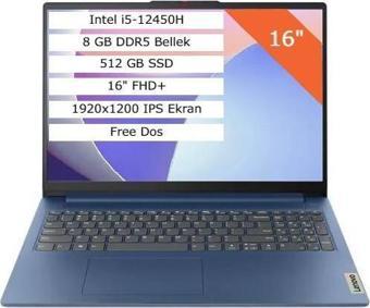 Lenovo Ideapad Slim 3 Intel Core I5-12450H 8gb 512GB SSD 16" Wuxga (1920X1200) IPS Panel Freedos Taşınabilir Bilgisayar