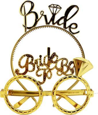 Just Cheap Store Bride Yazılı Taç Ve Bride To Be Yazılı Gözlük Seti Altın Renk (4741)