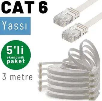 IRENIS 5 adet 3 metre CAT6 Kablo Yassı Ethernet Network Lan Ağ İnternet Kablosu
