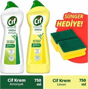 Cif Krem Amonyaklı 750 ml + Limon 750 ml + 2 Sünger