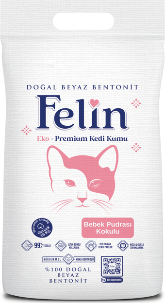 Felin Bebek Pudrası Kokulu İnce Taneli Topaklanan Kedi Kumu 15 Kg 