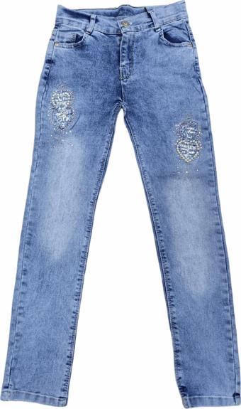 Kız Çocuk Nakışlı Boncuklu Kot Pantolon