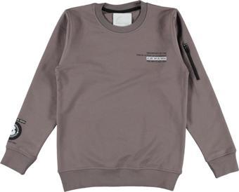 Erkek Çocuk Kolu Fermuar Detaylı Yazı Desenli Kahverengi Sweatshirt