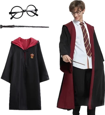 Harry Potter Gryffindor Kapişonlu Çocuk Kostüm + Asa + Gözlük Seti 5-6 Yaş