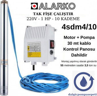 Alarko 4SDM4/10 Dalgıç Pompa Set Halinde - 30 mt Kablolu - Panolu - Monofaze (220V)