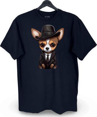 Şapkalı Chihuahua Şivava Köpek Baskılı Unisex Bisiklet Yaka Tişört