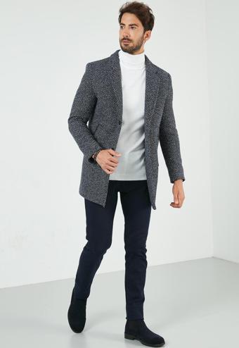 Buratti Slim Fit Tek Yırtmaçlı Düğmeli Dik Yaka Kaşe Erkek Kaban 5840110 Lacivert Noktalı