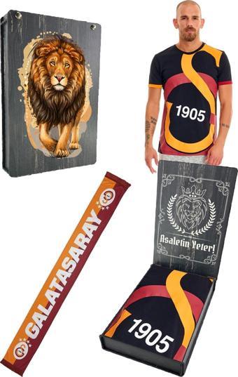 Galatasaray Orijinal Lisanslı Arma T-shirt + Şal (Atkı) Set Hediyelik Ahşap Kutulu