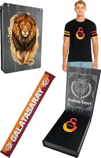 Galatasaray Orijinal Logo Baskılı Siyah T-Shirt + Gs Atkı Hediyelik Set Özel Tasarım Ahşap Kutulu