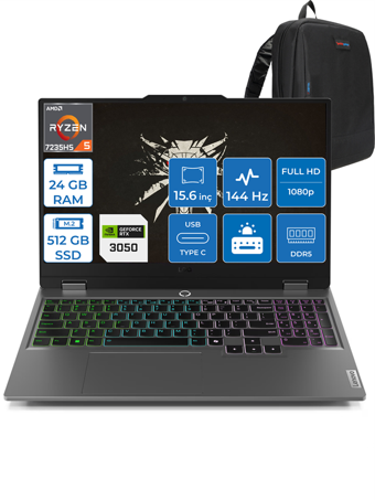 Lenovo Loq 15ARP9 Ryzen 5 7235HS 24GB Dd5 1tb SSD 6GB/RTX3050/95W 15.6" Fhd IPS 144Hz Freedos 883JC000QTRF05+Zettaçanta