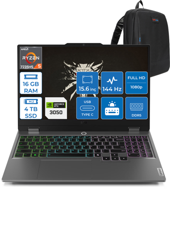 Lenovo Loq 15ARP9 Ryzen 5 7235HS 24GB Dd5 512GB SSD 6GB/RTX3050/95W 15.6" Fhd IPS 144Hz W11PRO 883JC000QTRP04+Zettaçanta