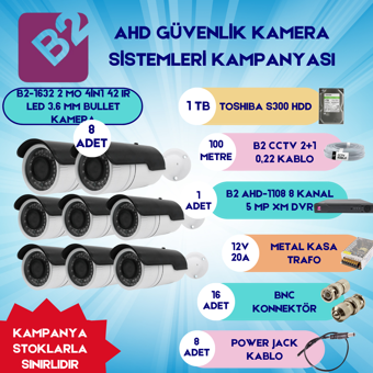 B2 Ahd 8 Bullet Kamera 8 Kanal Güvenlik Dome Kamera Setleri