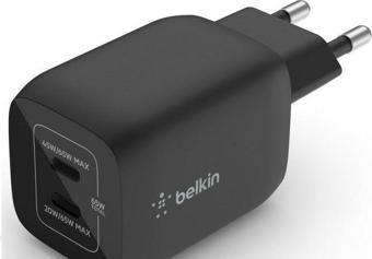 Belkin Çift USB-C Duvar Şarj Cihazı 45W Siyah GaN PD 3.0 Hızlı Şarj