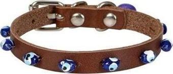 Cattie Boncuklu Deri Küçük Irk Köpek ve Kedi Boyun Tasması Medium Kahverengi 1x20-23 Cm