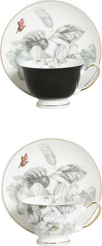 Lucky Art Harmonia New Bone China Gri&Siyah Naturel Desenli 2li Kahve Fincanı Seti LYFN011