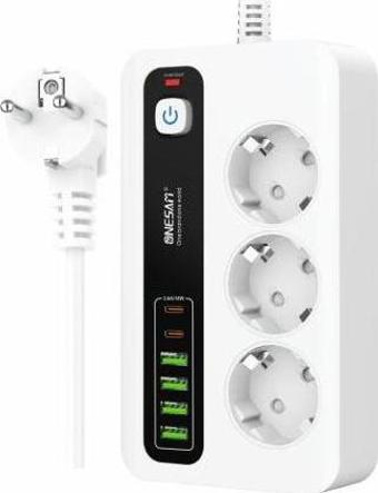 Akım Korumalı 4 USB'li ve 3 TYPE-C li 3'lü Grup Priz 2 m Uzatma Kablosu Beyaz
