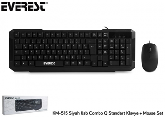 EVEREST KM-515, Siyah, Türkçe Q, Kablolu, Klavye Mouse Set