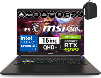 MSI Nb Vector 16 Hx Intel I9-14900HX 96GB Ddr5 4tb SSD 16GB/RTX4090 175W WINDOWS11PRO 16" 240HZ Qhd + Taşınabilir Bilgisayar VECA14VIG-825XTR60 + Weblegelsin Çanta