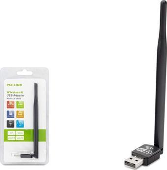 Pix-Link LV-UW10 Wi-Fi 150Mbps 5dBi Antenli 7601IC Uydu Cihazı Uyumlu USB Kablosuz Adaptör - Siyah