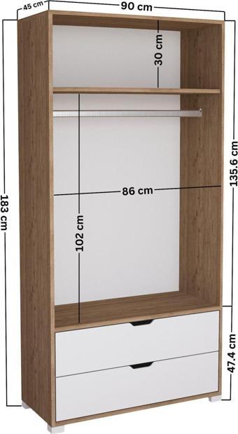 Midoser 90 Cm Açık Ceviz-Beyaz 2 Kapılı 2 Çekmeceli Elbise Dolabı - Gardırop