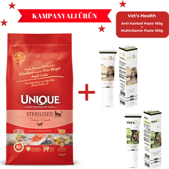 Unique Sterilised Kısırlaştırılmış Kedi Maması Somonlu 2 kg -Anti-hairball ve Multivitamin Hediyeli