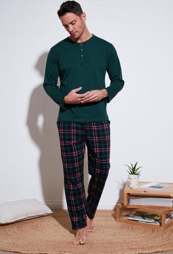 Buratti Ekoseli Pamuklu Beli Lastikli Regular Fit Uzun Kollu Erkek Pijama Takımı 6572003 YEŞİL