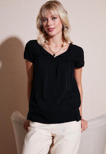 Lela Bağlamalı Yaka Kısa Kollu Regular Fit Bayan Bluz 5865641 SİYAH