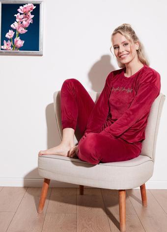 Lela Regular Fit Yumuşak Dokulu Kadife Bayan Pijama Takımı 6094200W4 BORDO