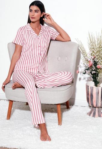 Lela Desenli Regular Fit Gömlek Yaka Bayan Pijama Takımı 65750101 PUDRA