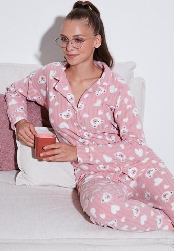 Lela Standart Fit Düğmeli Polarlı Bayan Pijama Takımı 6095617 PUDRA