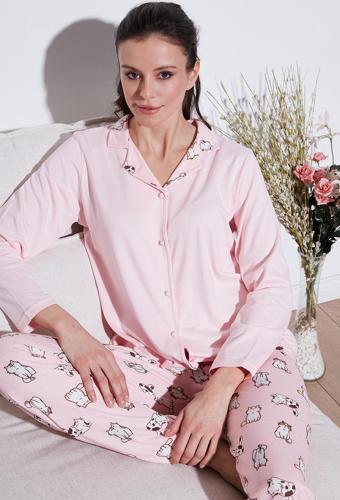 Lela Desenli Regular Fit Apaş Yaka Beli Lastikli Bol Paça Bayan Pijama Takımı 65714300 AÇIK PEMBE