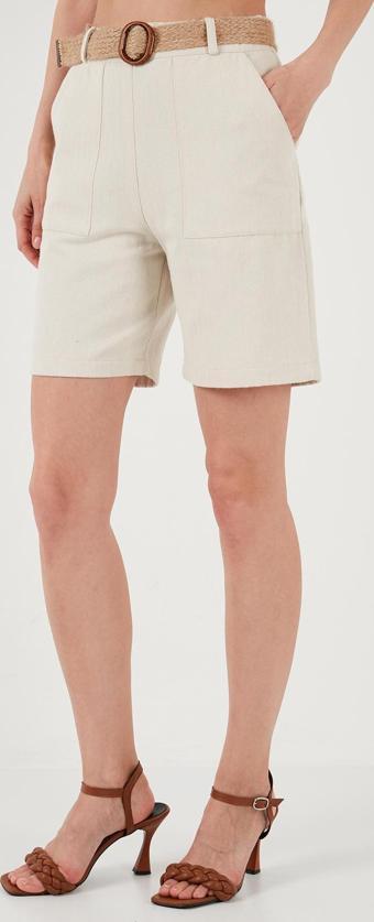 Lela Pamuklu Slim Fit Hasır Kemerli Bayan Short 673SY600 BEJ