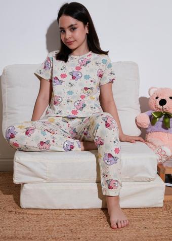 Lela % 100 Pamuk Bisiklet Yaka Kısa Kollu Kız Çocuk Pijama Takımı 6651004 BEJ