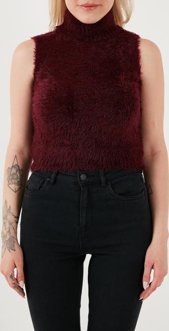 Lela Yumuşak Tüylü Slim Fit Balıkçı Yaka Crop Bayan Süveter 4615566 BORDO