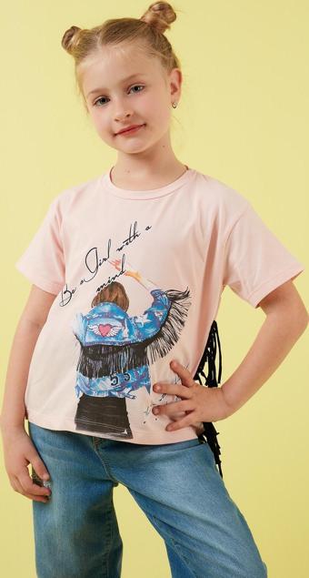 Lela Pamuklu Baskılı Püskül Detaylı Bisiklet Yaka Kız Çocuk T Shirt 6211020 PUDRA