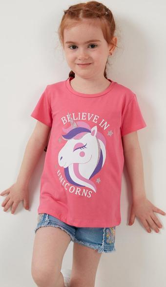 Lela Baskılı Bisiklet Yaka Pamuklu Kız Çocuk T Shirt 6211036 Açık Nar
