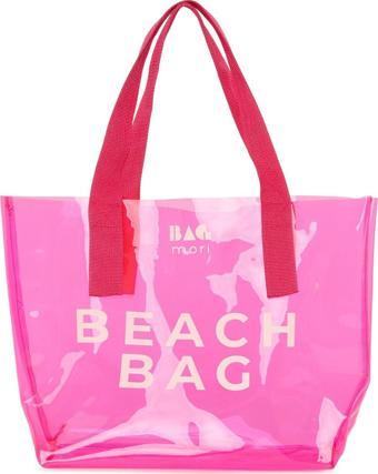 Bagmori Beach Bag Baskılı Şeffaf Plaj Çantası Fuşya