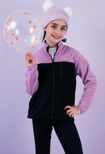 Lela Yumuşak Dokulu Fermuarlı Renk Bloklu Dik Yaka Cepli Unisex Çocuk Polar 5905001 LİLA-SİYAH