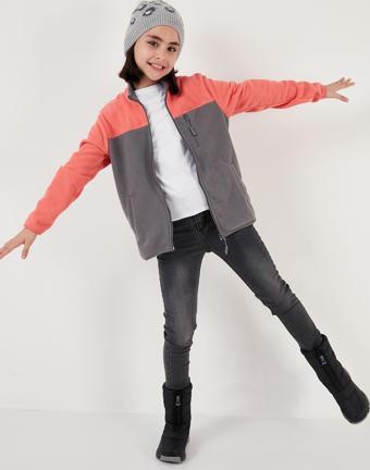Lela Yumuşak Dokulu Fermuarlı Renk Bloklu Dik Yaka Cepli Unisex Çocuk Polar 5905001 SOMON-GRİ