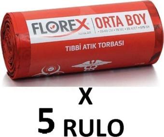 Florex 575 Gram Tıbbı Atık Baskılı Orta Boy ( 55X60 Cm ) Çöp Poşeti 5 Rulo 25*5=125 Adet